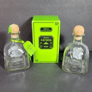 Two Silver Patron Tequila Empty Bottles with Corks and one Box 750ml